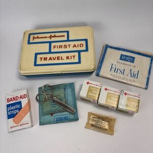 Vintage Johnson & Johnson First Aid Plastic Travel Kit w Contents/Instructions